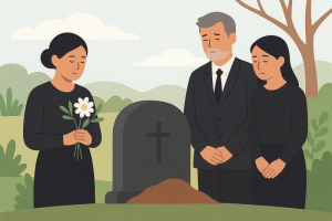 Two women at funeral with a funeral director