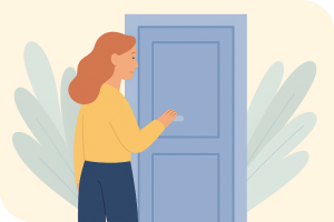 Flat-style illustration of a person visiting a loved one’s home after they die, gently handling belongings