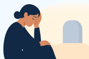 Illustration of first steps after a death in the UK with documents and checklist